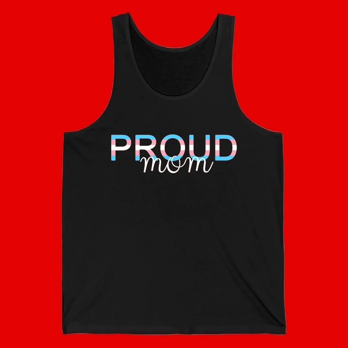 Proud mom pride design with bold striped rainbow letters in cyan, pink, and white on gray background