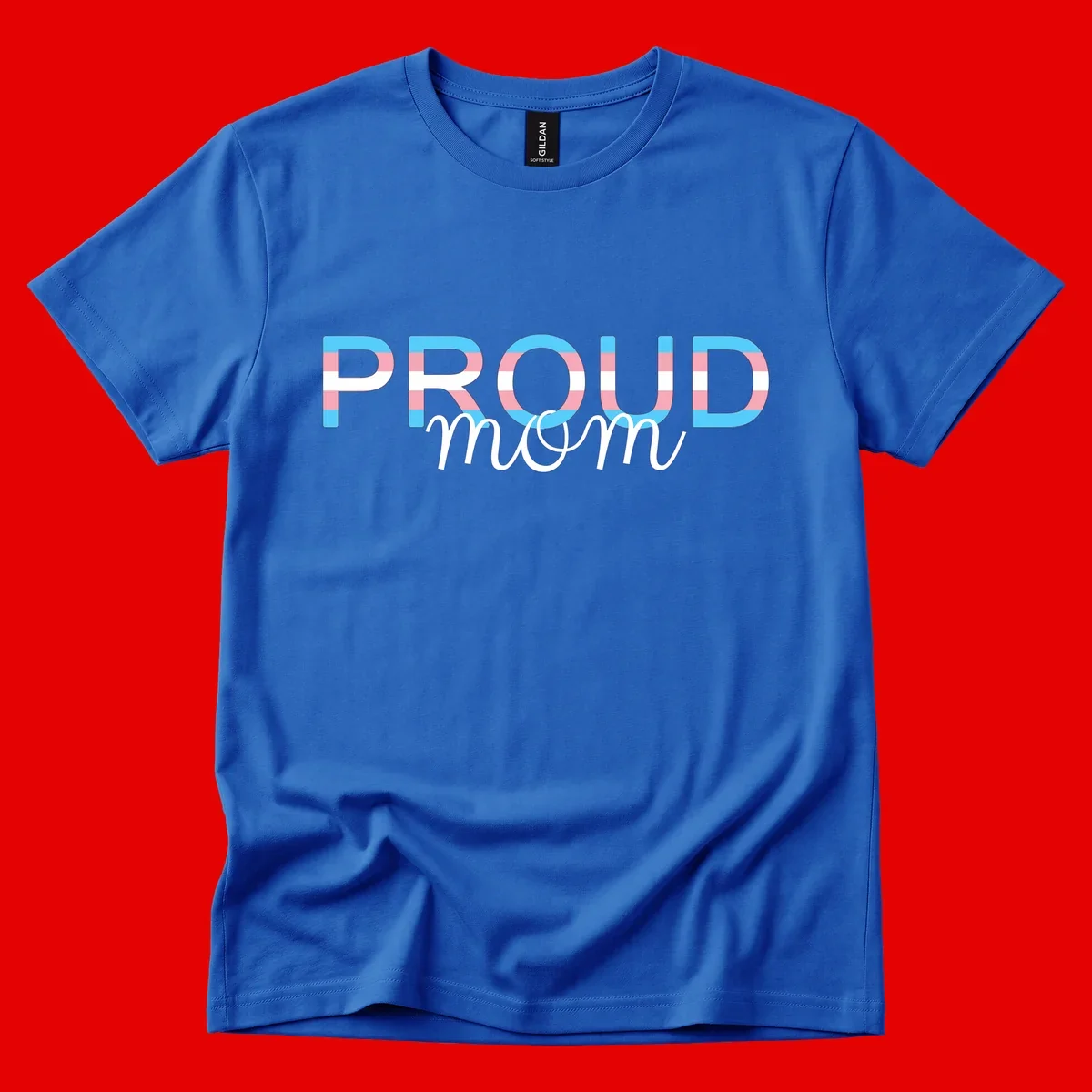 Proud mom pride design with bold striped rainbow letters in cyan, pink, and white on gray background