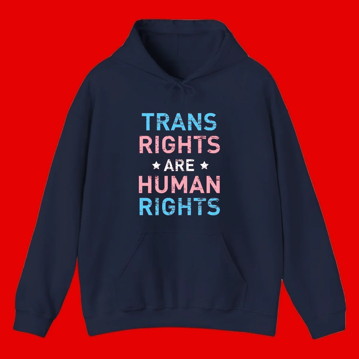 Distressed typography design reading 'TRANS RIGHTS ARE HUMAN RIGHTS' in cyan, pink, and white text with decorative stars on gray background