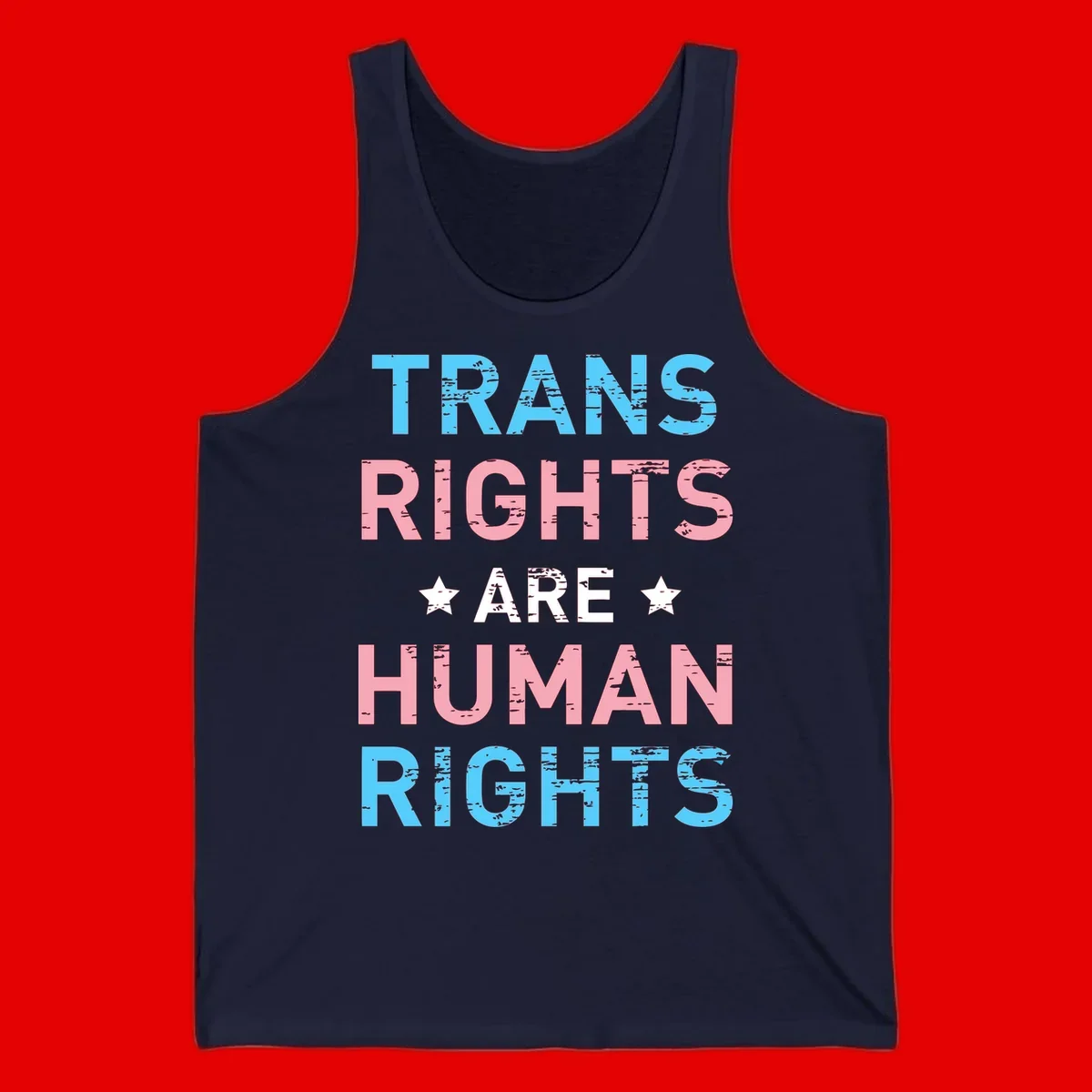 Distressed typography design reading 'TRANS RIGHTS ARE HUMAN RIGHTS' in cyan, pink, and white text with decorative stars on gray background