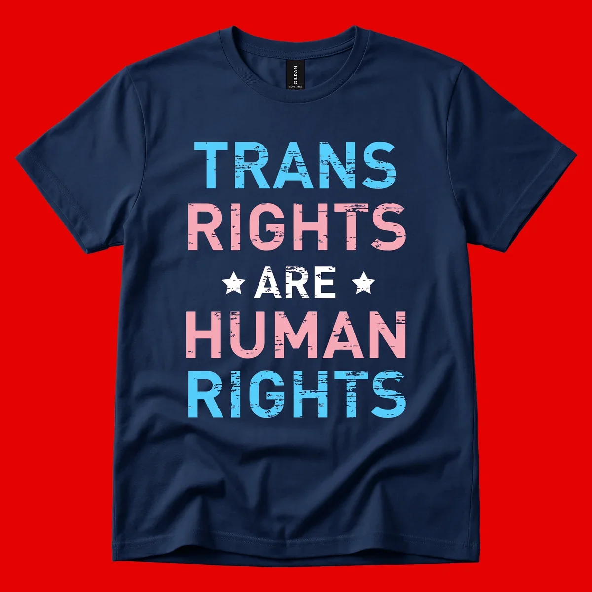 Distressed typography design reading 'TRANS RIGHTS ARE HUMAN RIGHTS' in cyan, pink, and white text with decorative stars on gray background