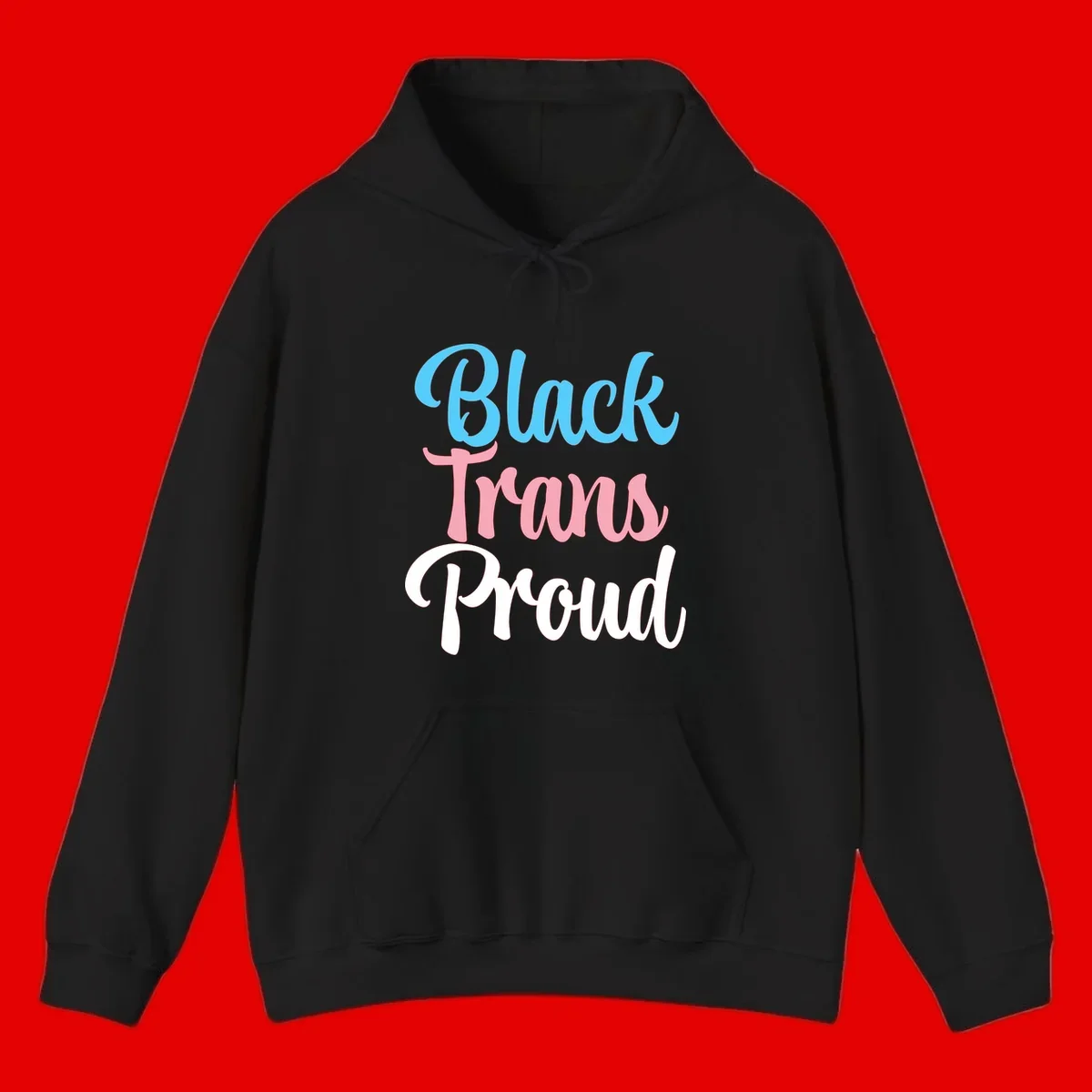 Block Trans Proud design with stacked text in cyan, pink, and white typography on gray background