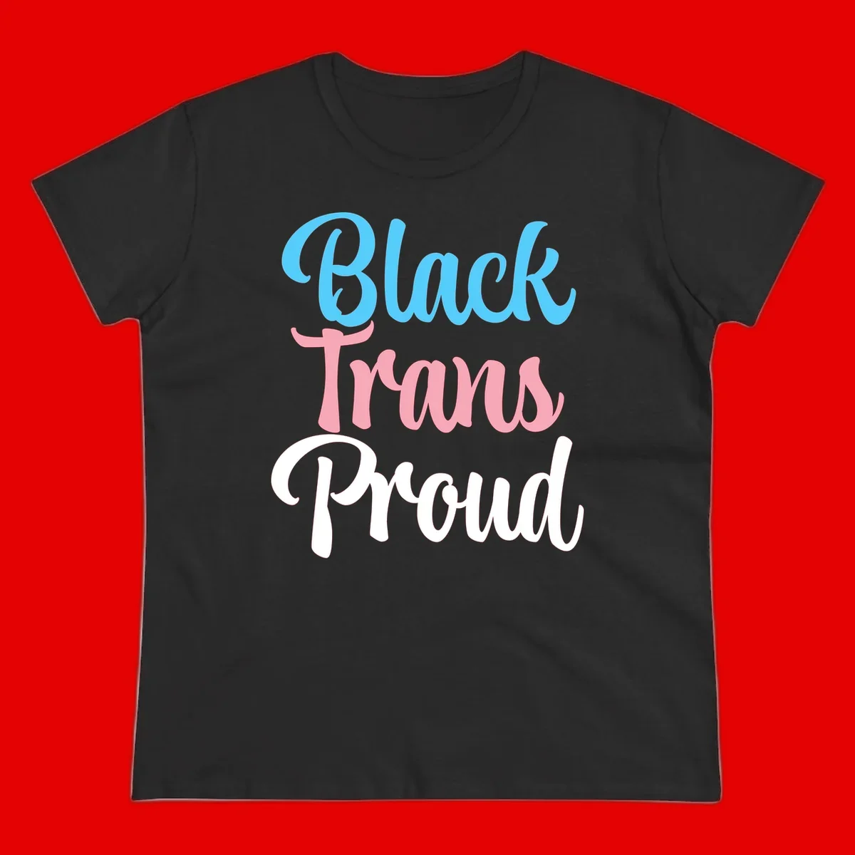 Block Trans Proud design with stacked text in cyan, pink, and white typography on gray background