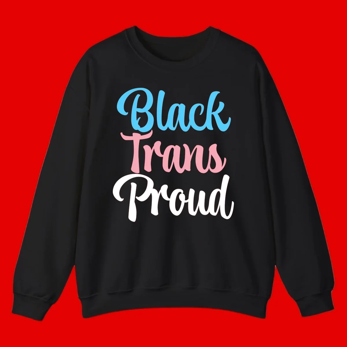 Block Trans Proud design with stacked text in cyan, pink, and white typography on gray background