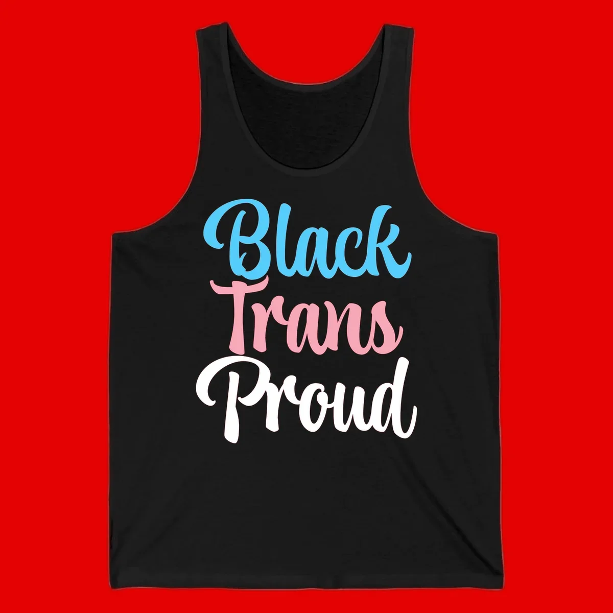 Block Trans Proud design with stacked text in cyan, pink, and white typography on gray background