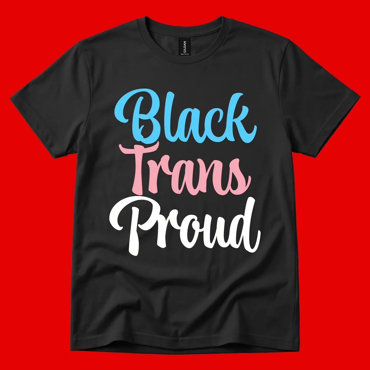 Block Trans Proud design with stacked text in cyan, pink, and white typography on gray background