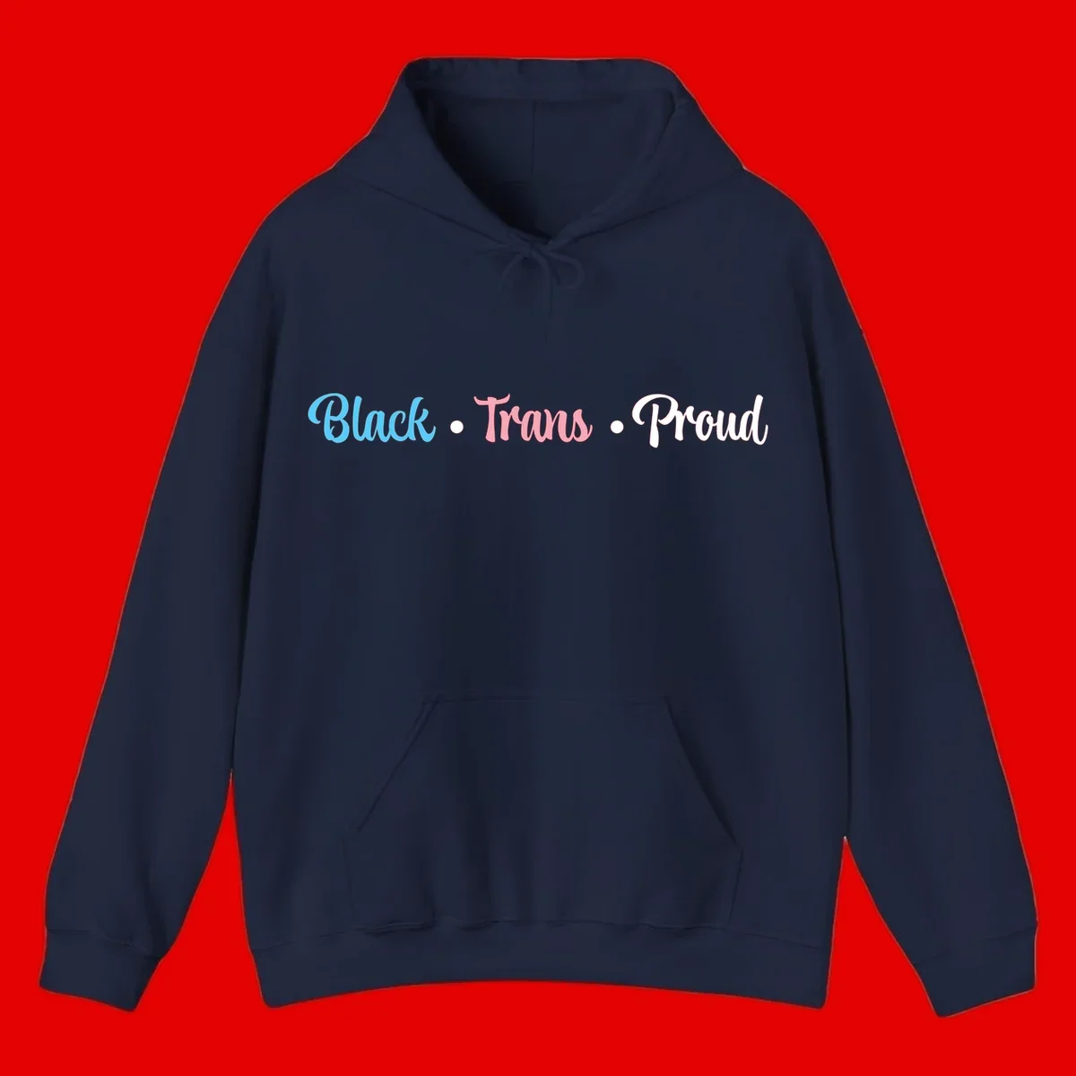 Black Trans Proud design with blue, pink, and white text on gray background, featuring decorative dots