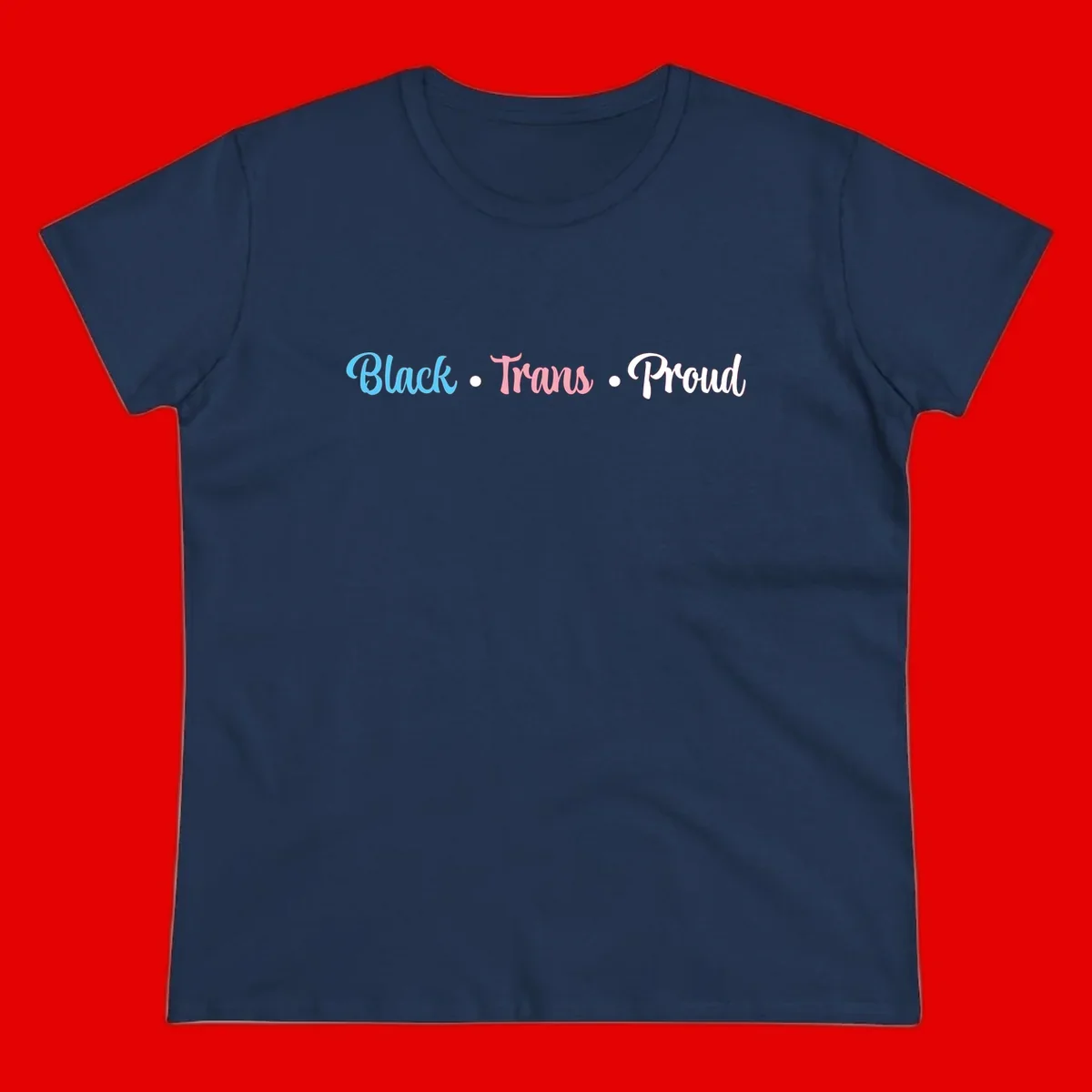Black Trans Proud design with blue, pink, and white text on gray background, featuring decorative dots