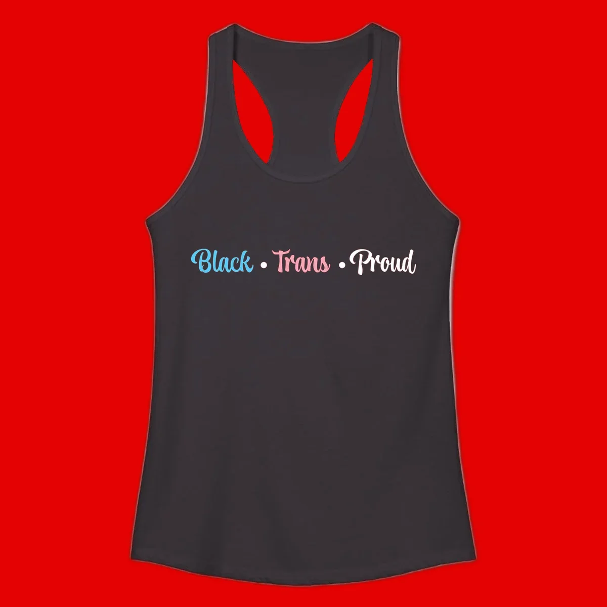 Black Trans Proud design with blue, pink, and white text on gray background, featuring decorative dots