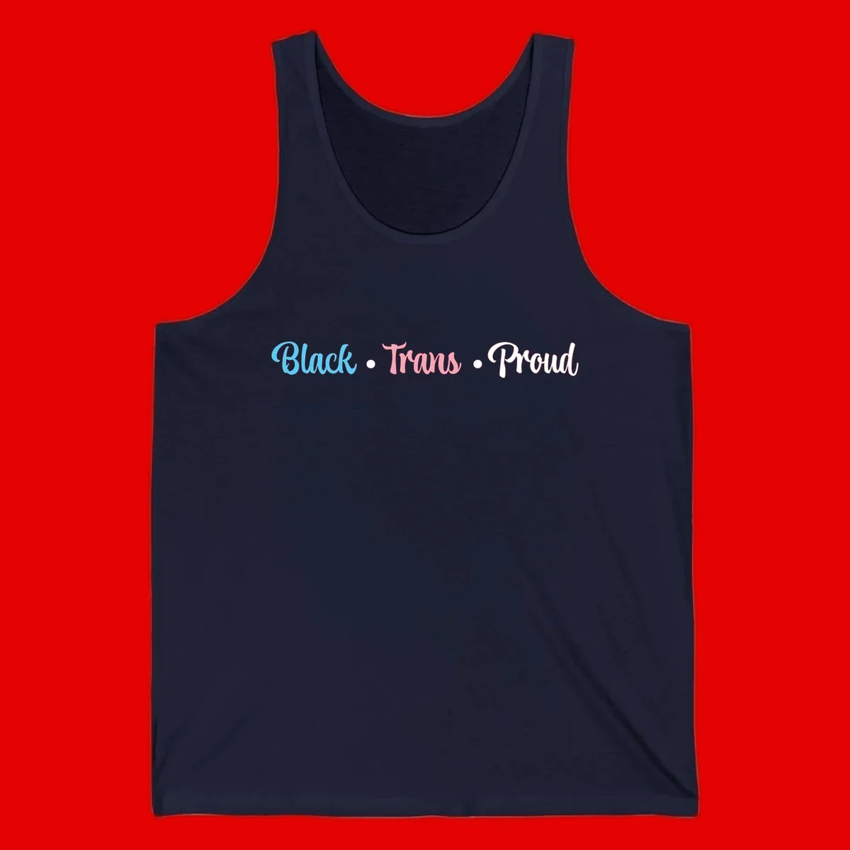 Black Trans Proud design with blue, pink, and white text on gray background, featuring decorative dots