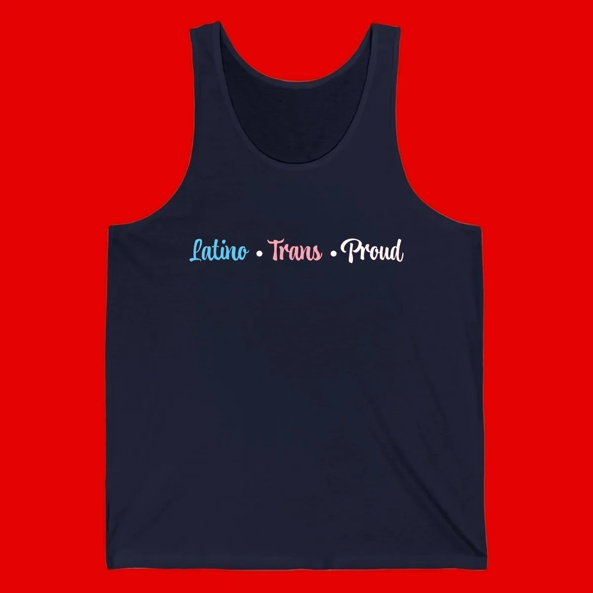 Latino Trans Proud design with blue, pink, and white script text on gray background celebrating LGBTQ identity