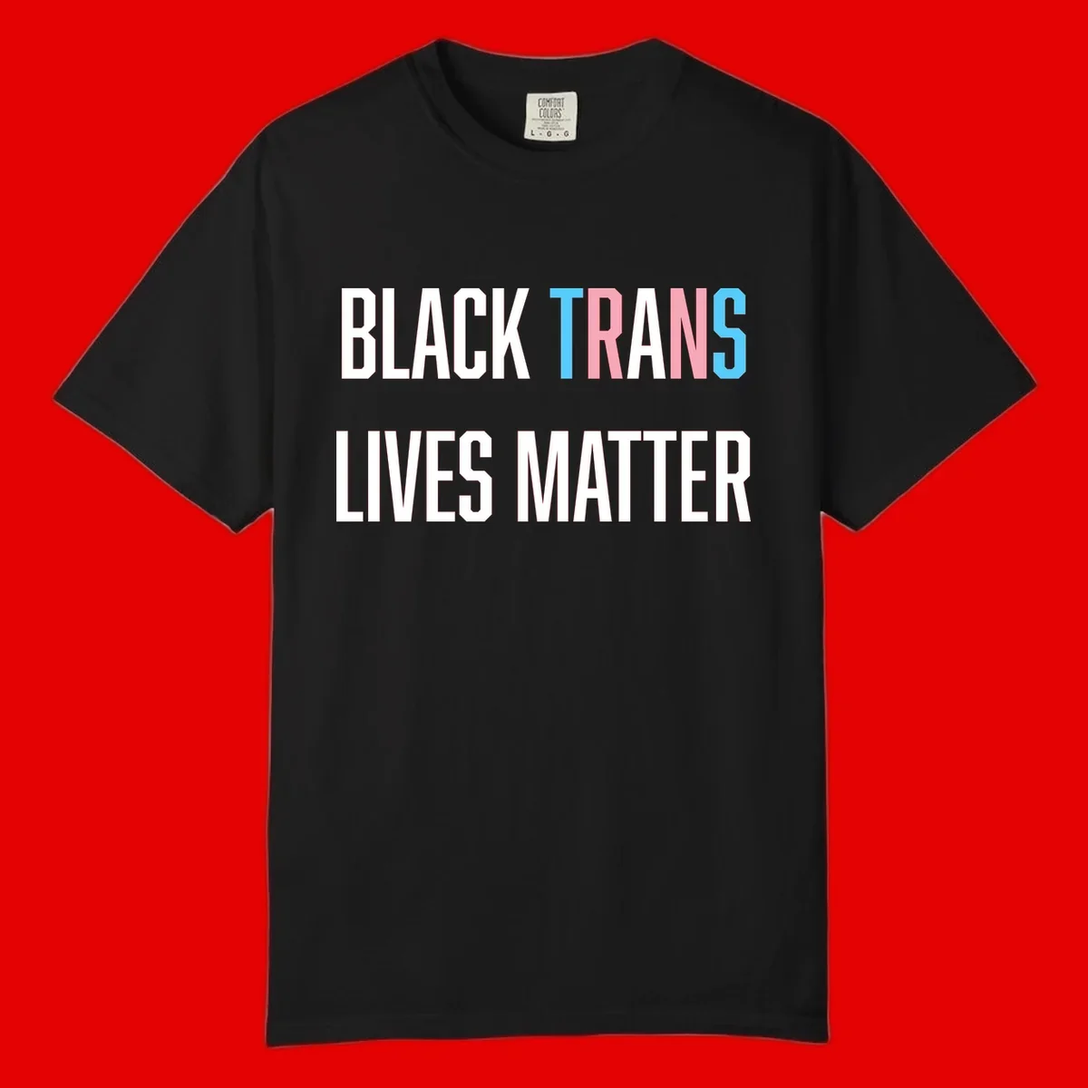Bold typography design reading 'BLACK TRANS LIVES MATTER' with 'TRANS' in pink and cyan pride colors on gray background