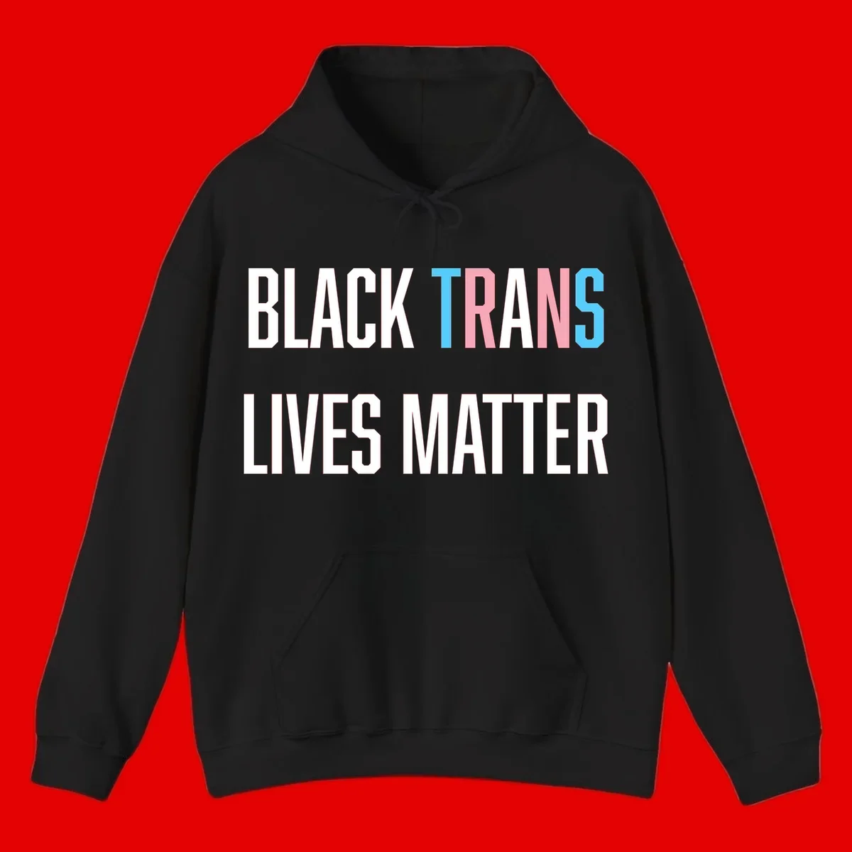 Bold typography design reading 'BLACK TRANS LIVES MATTER' with 'TRANS' in pink and cyan pride colors on gray background