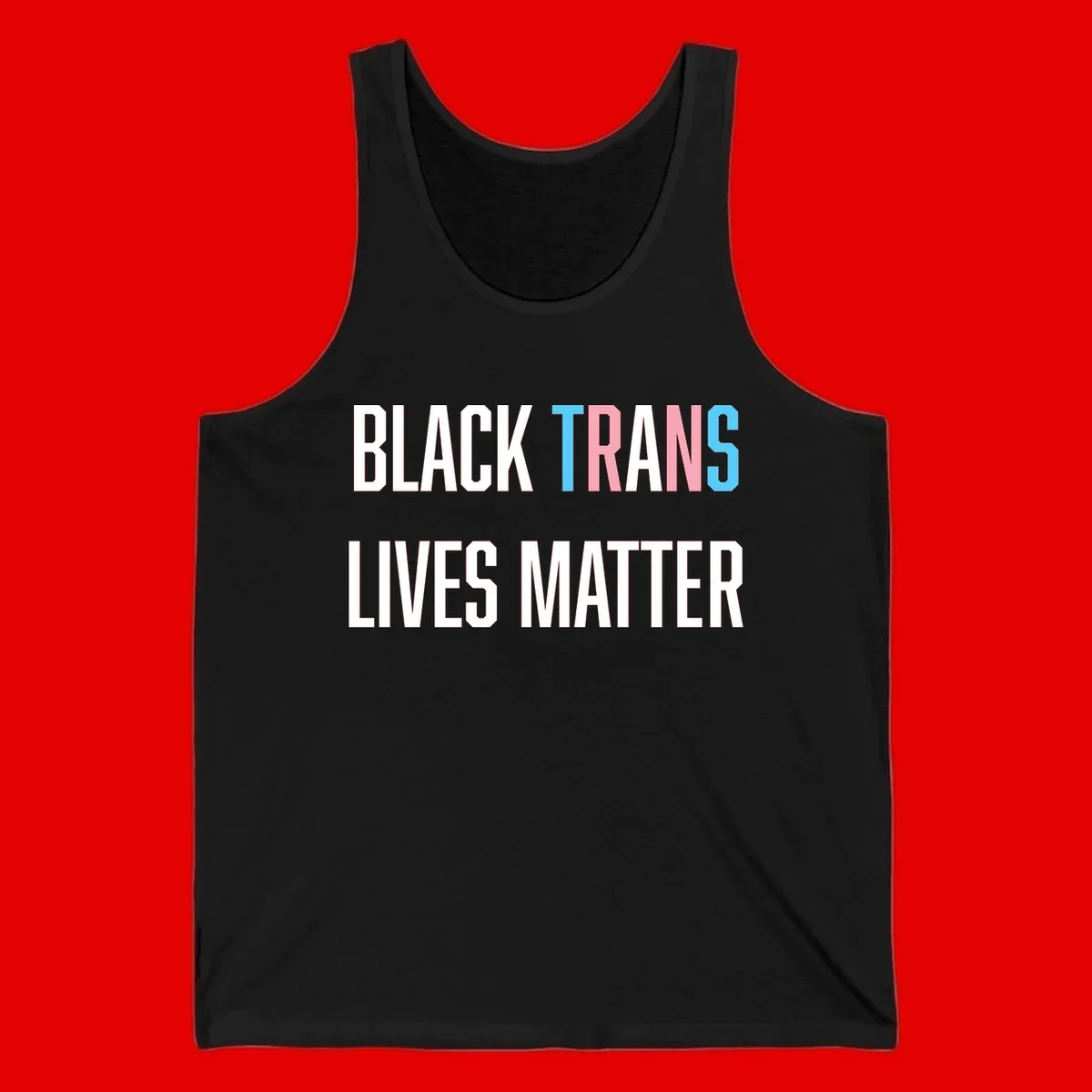 Bold typography design reading 'BLACK TRANS LIVES MATTER' with 'TRANS' in pink and cyan pride colors on gray background