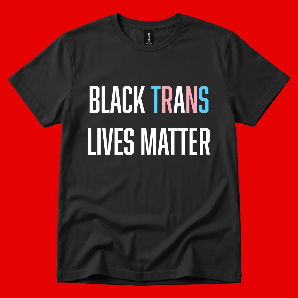 Bold typography design reading 'BLACK TRANS LIVES MATTER' with 'TRANS' in pink and cyan pride colors on gray background
