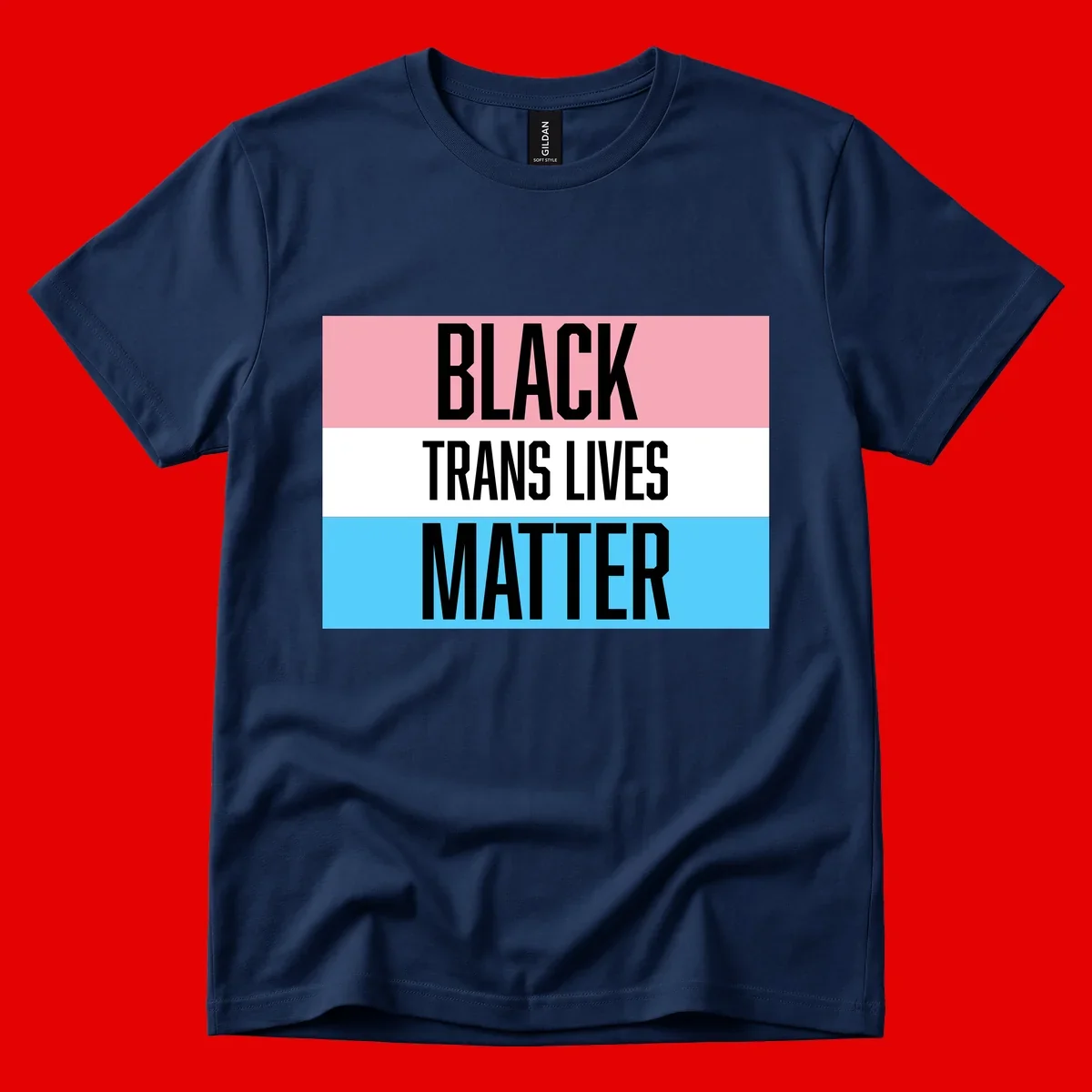 Black Trans Lives Matter design with bold text on trans pride flag colored horizontal stripes: pink, white, and blue