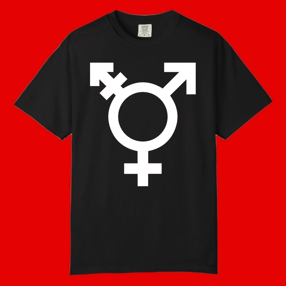 White transgender pride symbol featuring a circle with cross on gray background, representing trans identity and LGBTQ pride