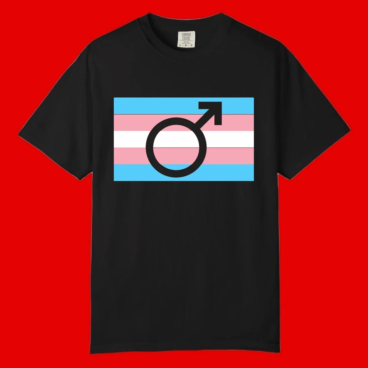 Gray transgender symbol with male arrow and circle overlaid on light blue, pink, and white horizontal stripes representing the trans pride flag