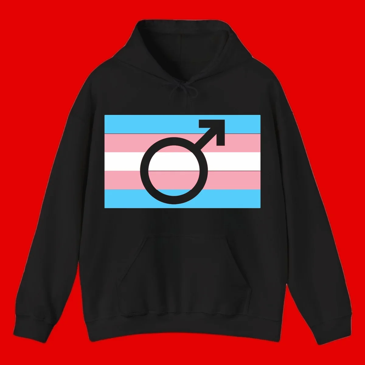 Gray transgender symbol with male arrow and circle overlaid on light blue, pink, and white horizontal stripes representing the trans pride flag