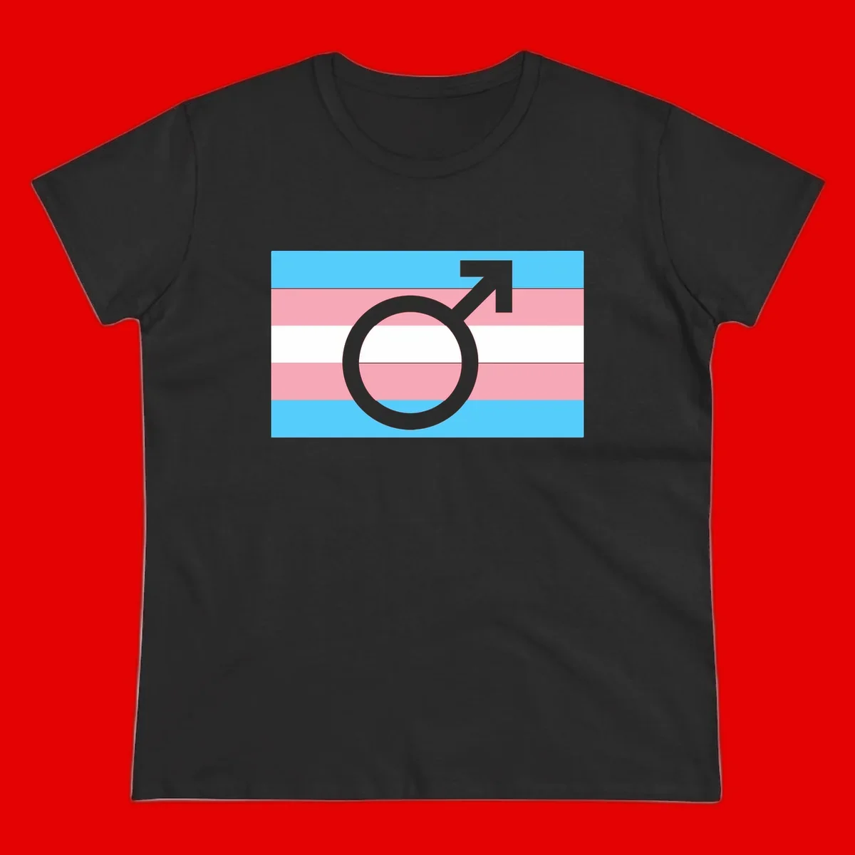 Gray transgender symbol with male arrow and circle overlaid on light blue, pink, and white horizontal stripes representing the trans pride flag