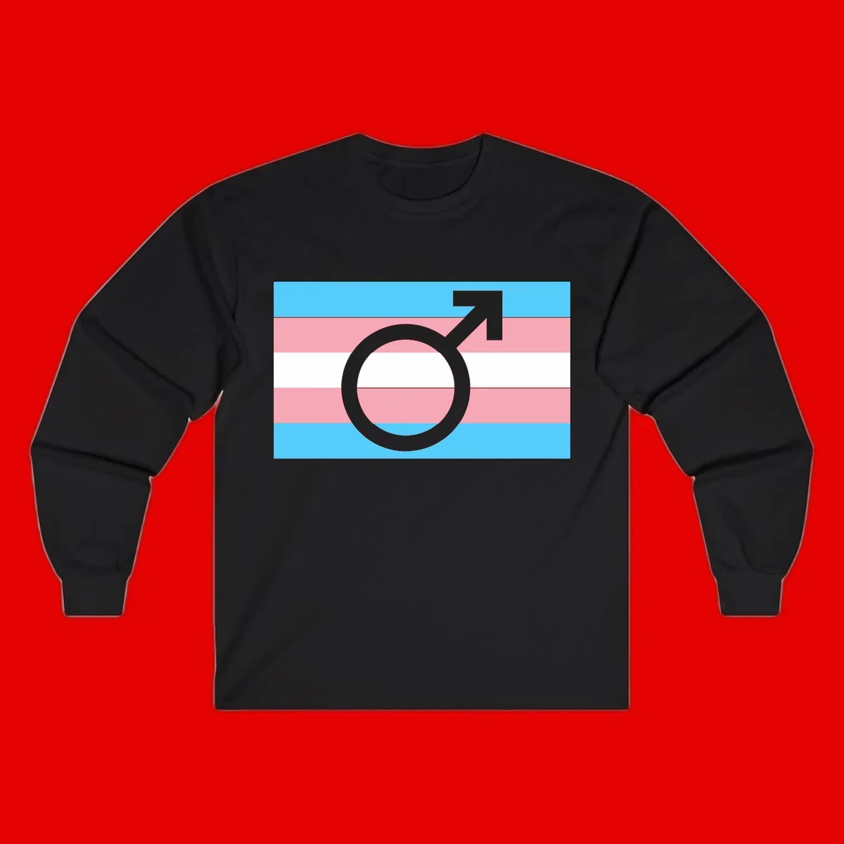 Gray transgender symbol with male arrow and circle overlaid on light blue, pink, and white horizontal stripes representing the trans pride flag