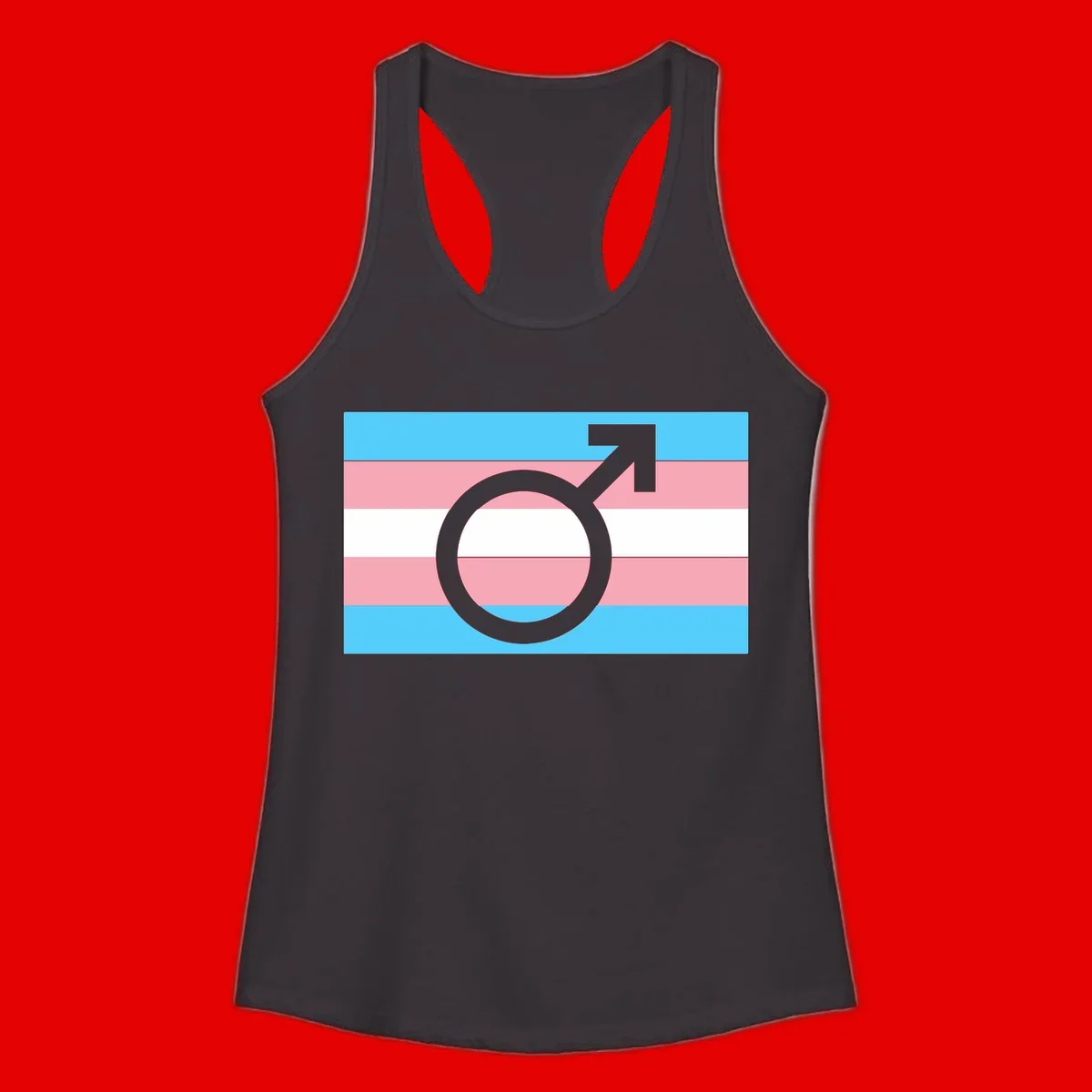 Gray transgender symbol with male arrow and circle overlaid on light blue, pink, and white horizontal stripes representing the trans pride flag