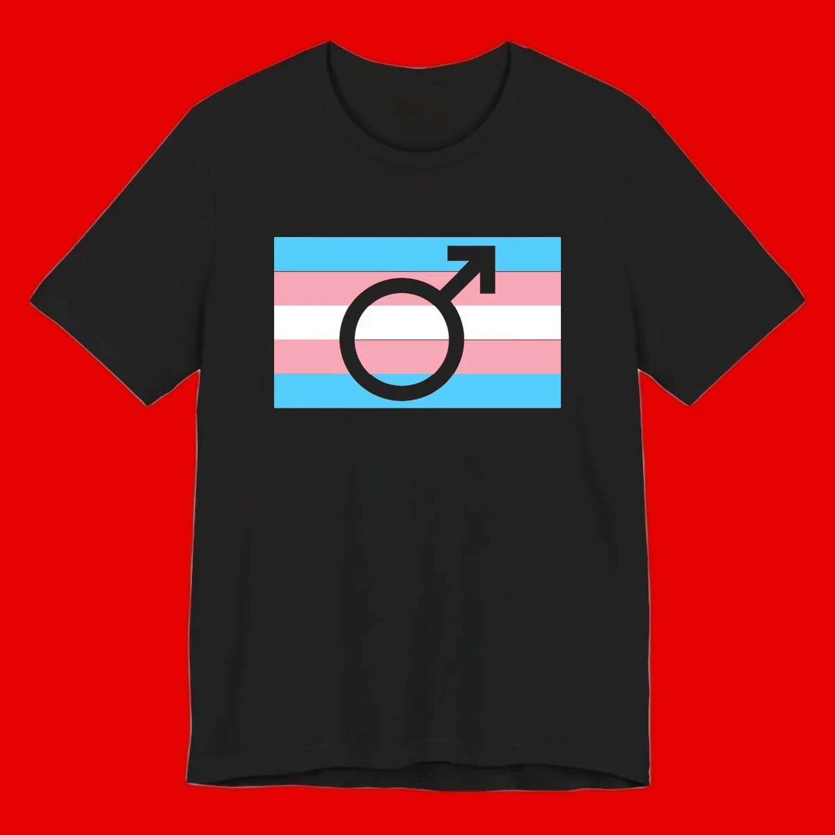 Gray transgender symbol with male arrow and circle overlaid on light blue, pink, and white horizontal stripes representing the trans pride flag