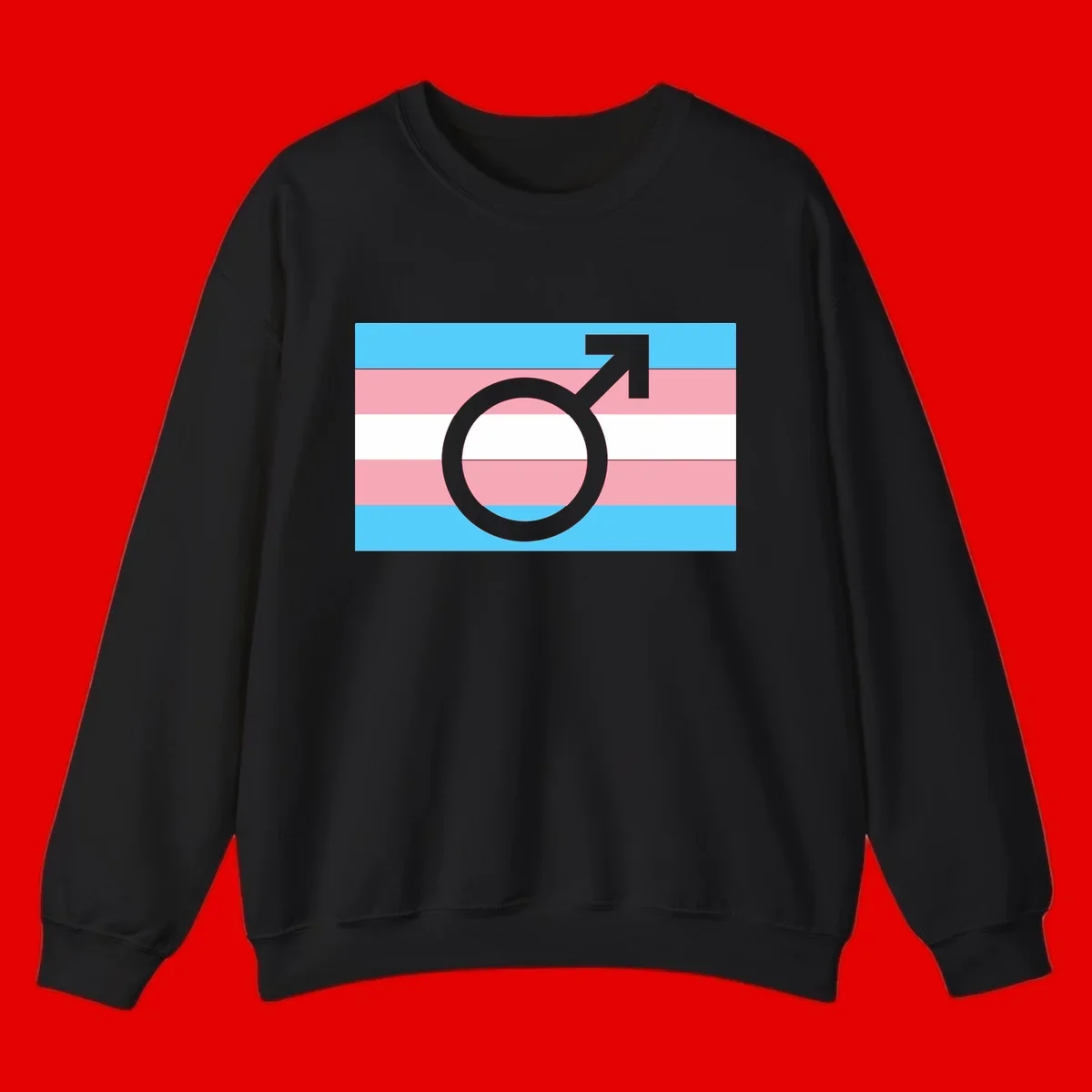 Gray transgender symbol with male arrow and circle overlaid on light blue, pink, and white horizontal stripes representing the trans pride flag