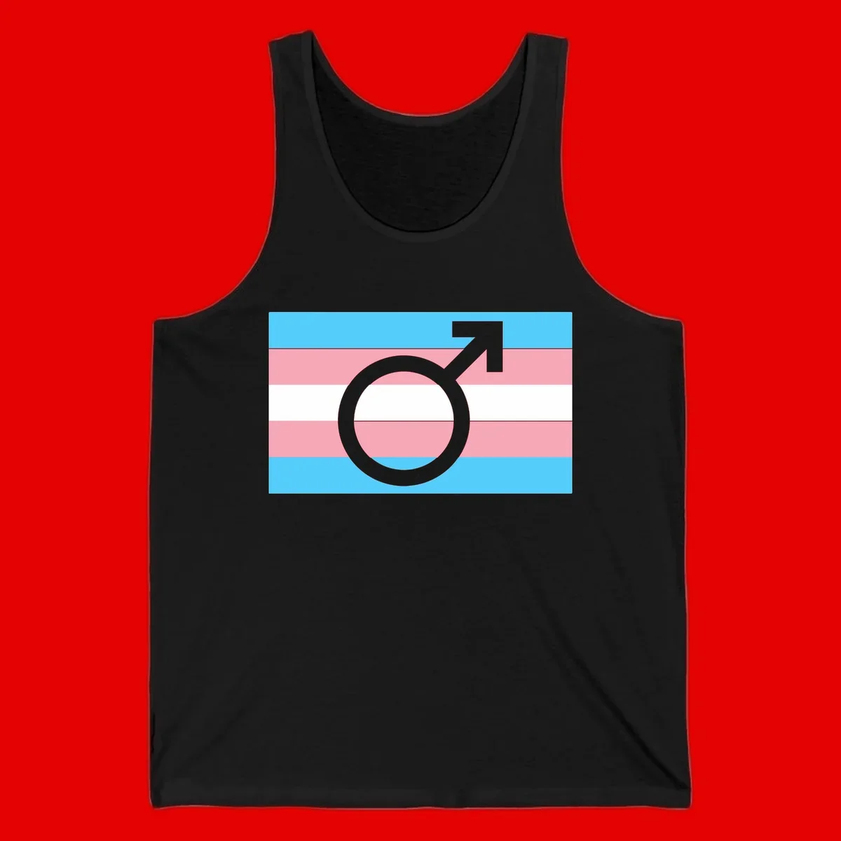 Gray transgender symbol with male arrow and circle overlaid on light blue, pink, and white horizontal stripes representing the trans pride flag
