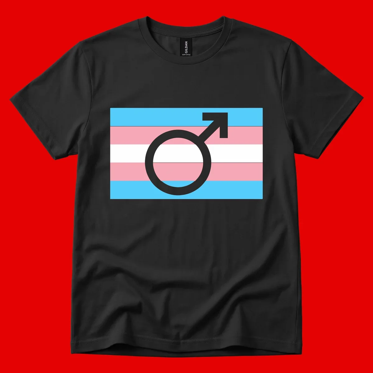 Gray transgender symbol with male arrow and circle overlaid on light blue, pink, and white horizontal stripes representing the trans pride flag