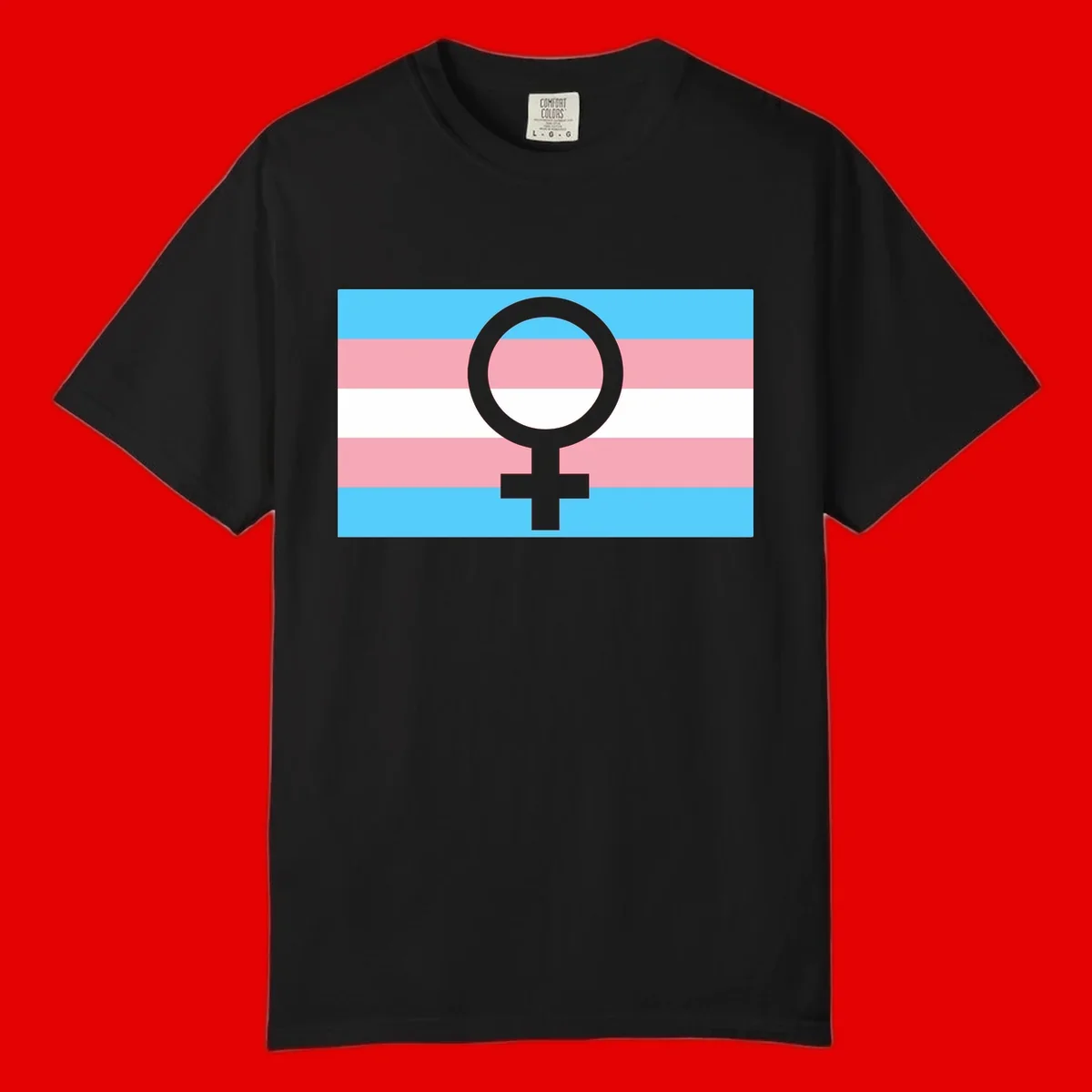 Gray female symbol centered on trans pride flag with cyan, pink, and white horizontal stripes