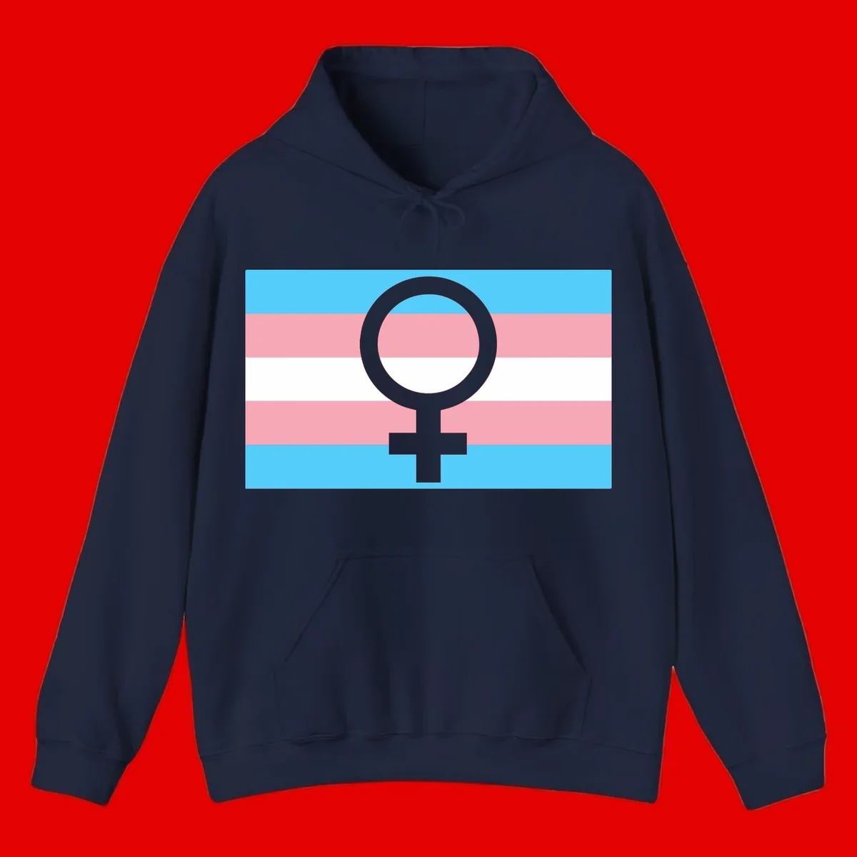 Gray female symbol centered on trans pride flag with cyan, pink, and white horizontal stripes