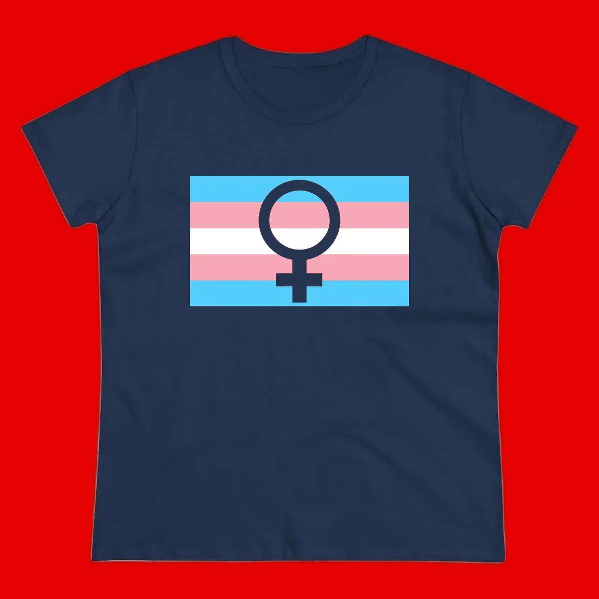 Gray female symbol centered on trans pride flag with cyan, pink, and white horizontal stripes