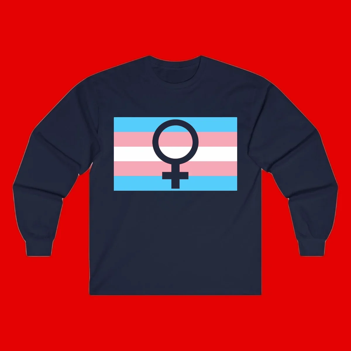 Gray female symbol centered on trans pride flag with cyan, pink, and white horizontal stripes