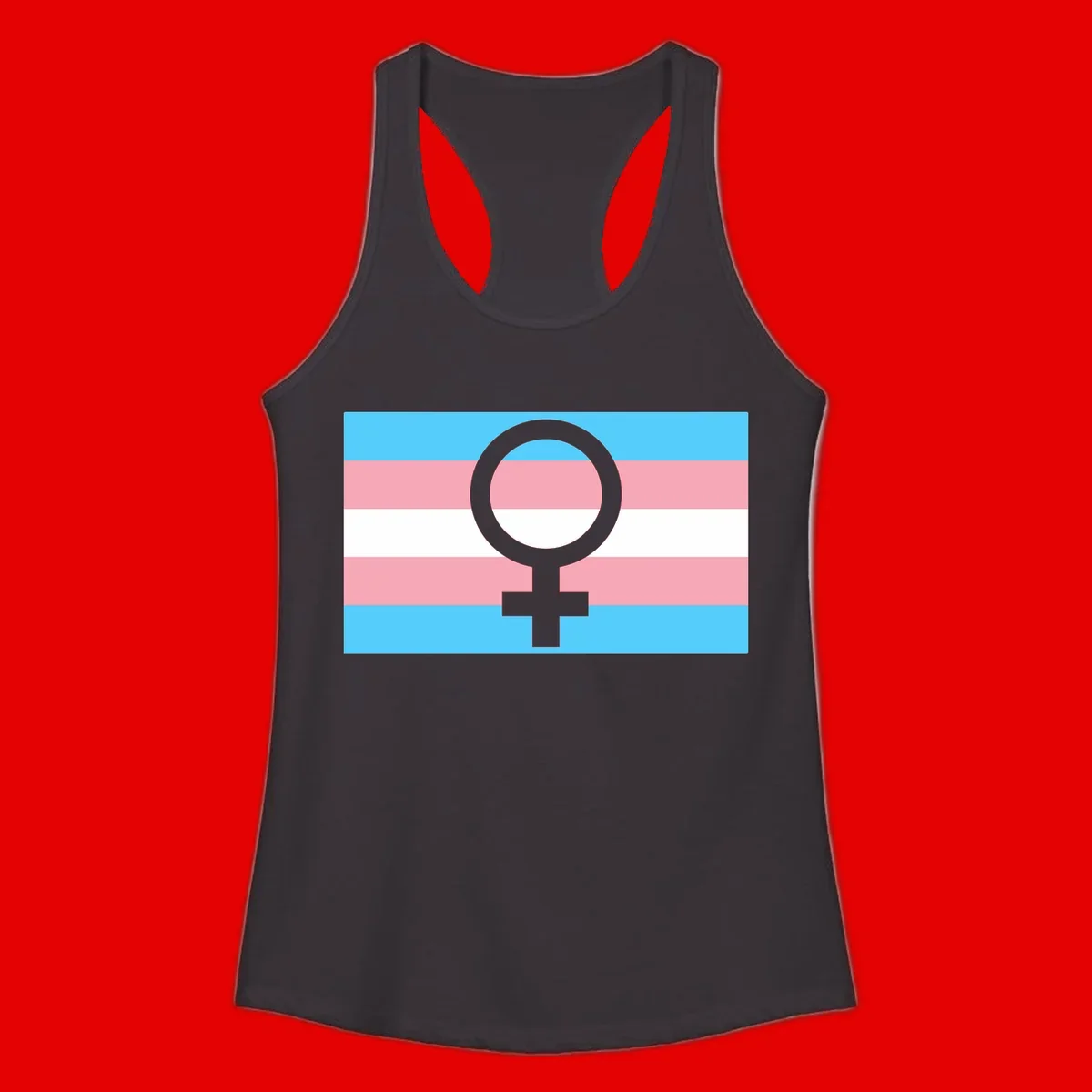 Gray female symbol centered on trans pride flag with cyan, pink, and white horizontal stripes