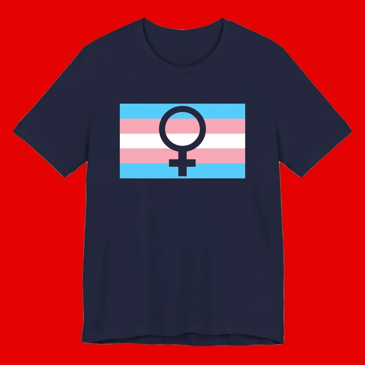 Gray female symbol centered on trans pride flag with cyan, pink, and white horizontal stripes