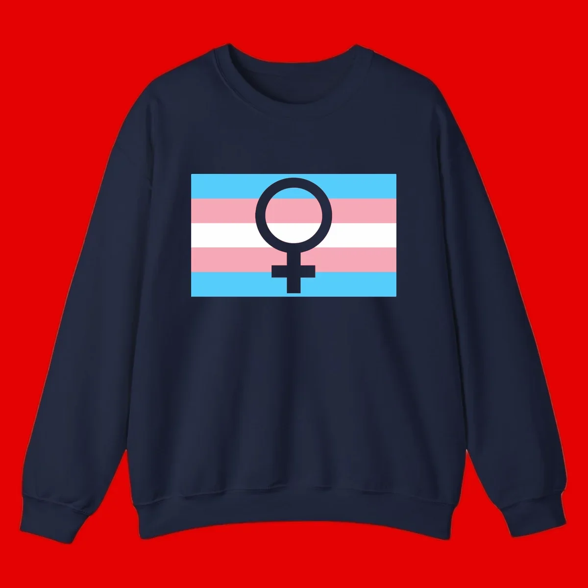 Gray female symbol centered on trans pride flag with cyan, pink, and white horizontal stripes