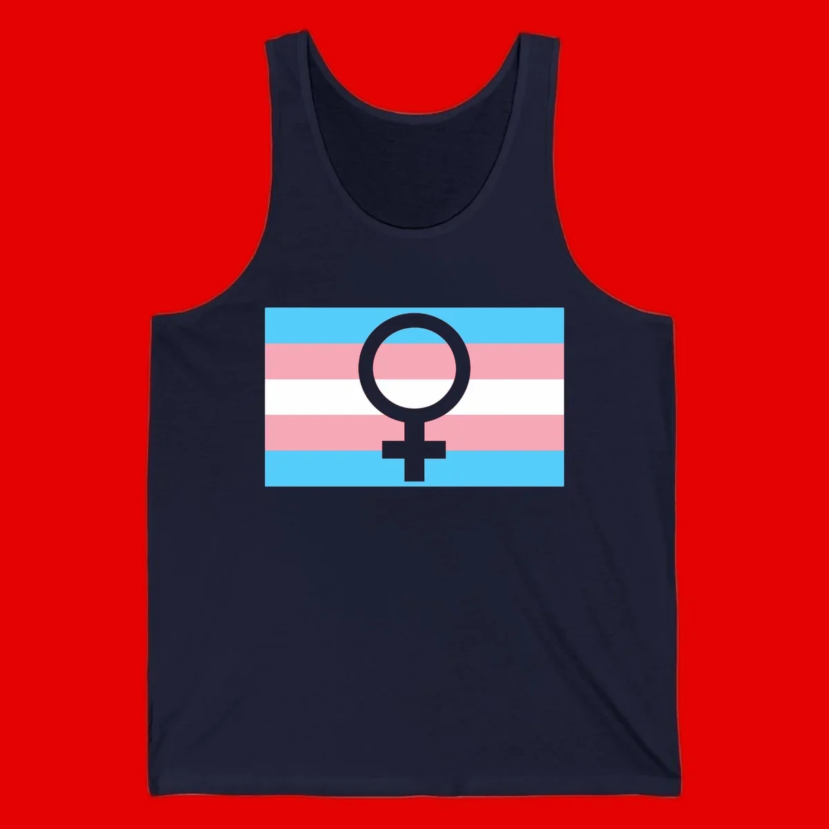 Gray female symbol centered on trans pride flag with cyan, pink, and white horizontal stripes