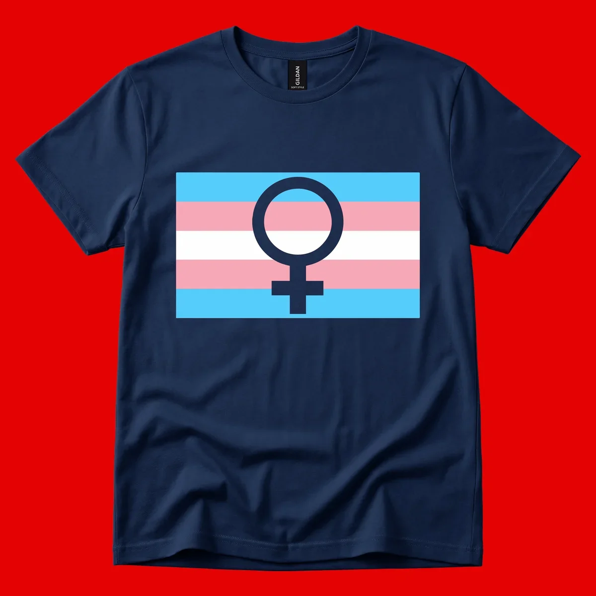 Gray female symbol centered on trans pride flag with cyan, pink, and white horizontal stripes