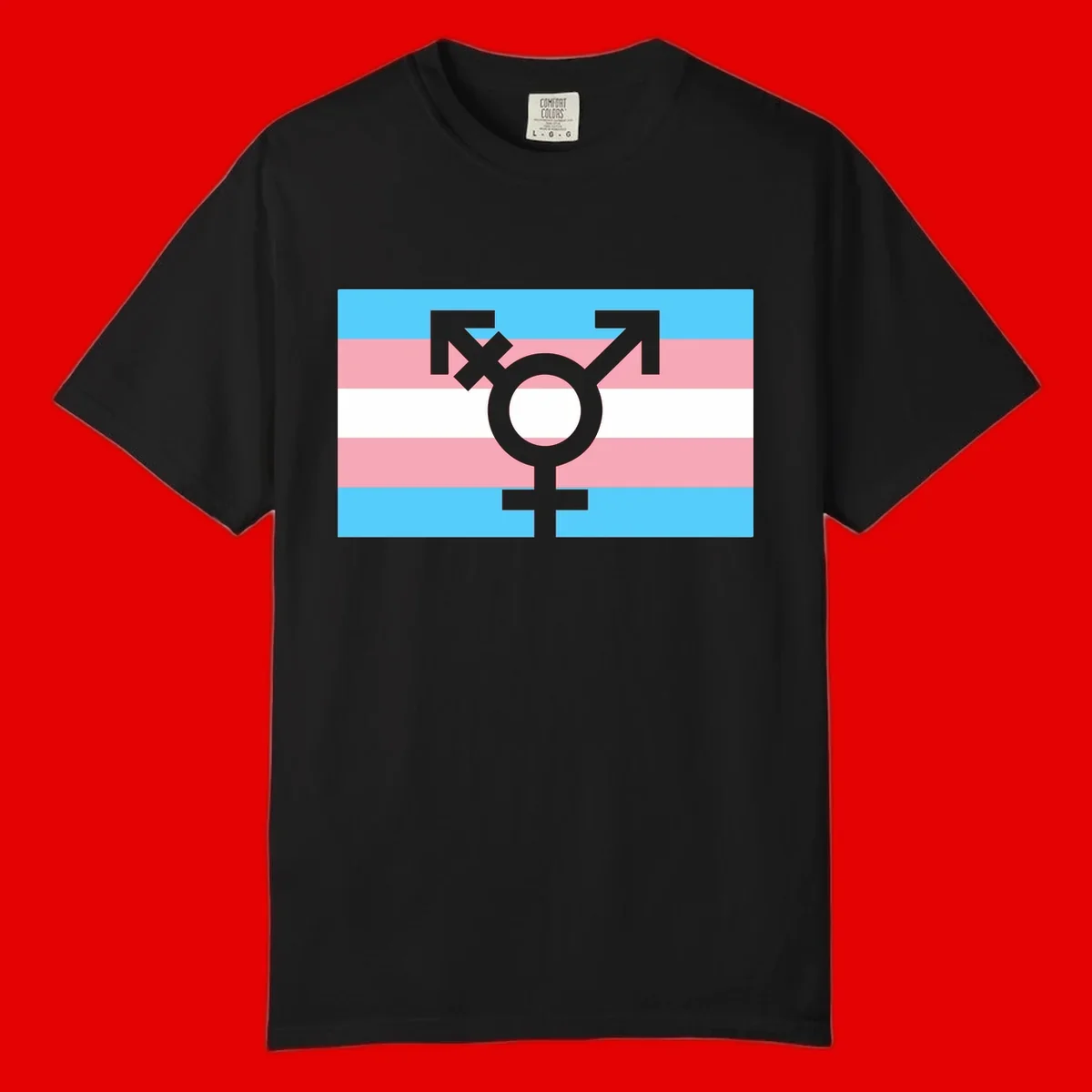 Transgender pride flag with gray transgender symbol centered on light blue, pink, and white horizontal stripes