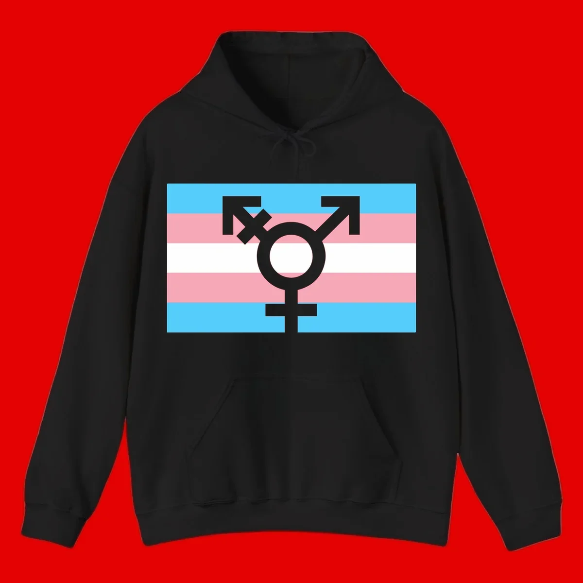 Transgender pride flag with gray transgender symbol centered on light blue, pink, and white horizontal stripes