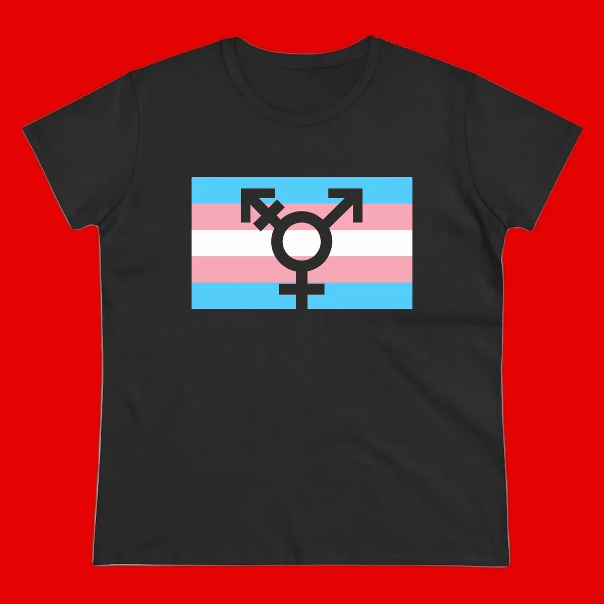 Transgender pride flag with gray transgender symbol centered on light blue, pink, and white horizontal stripes