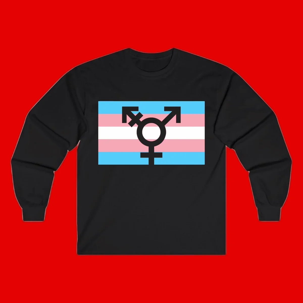 Transgender pride flag with gray transgender symbol centered on light blue, pink, and white horizontal stripes