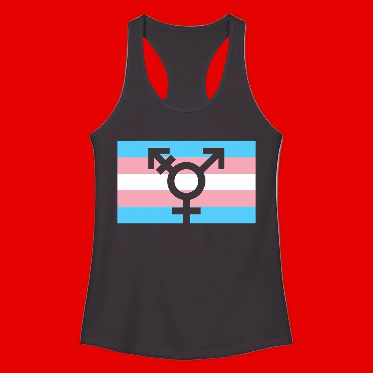 Transgender pride flag with gray transgender symbol centered on light blue, pink, and white horizontal stripes