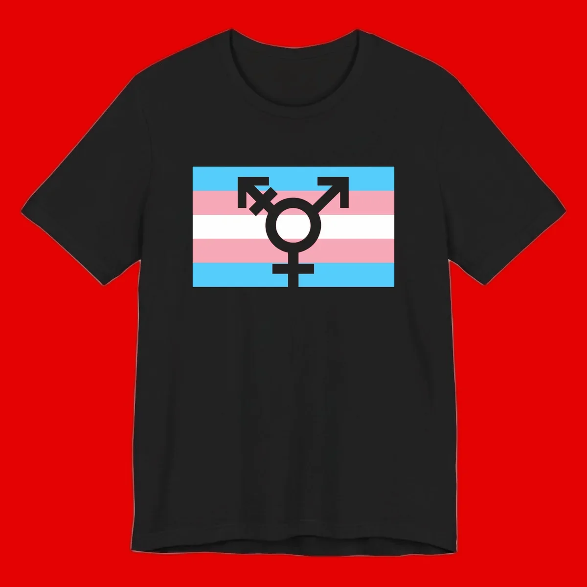 Transgender pride flag with gray transgender symbol centered on light blue, pink, and white horizontal stripes