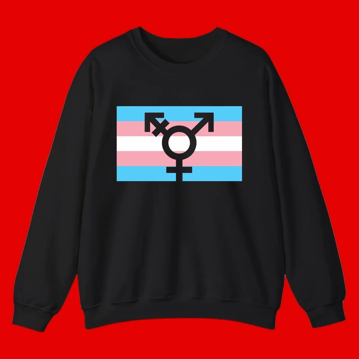 Transgender pride flag with gray transgender symbol centered on light blue, pink, and white horizontal stripes