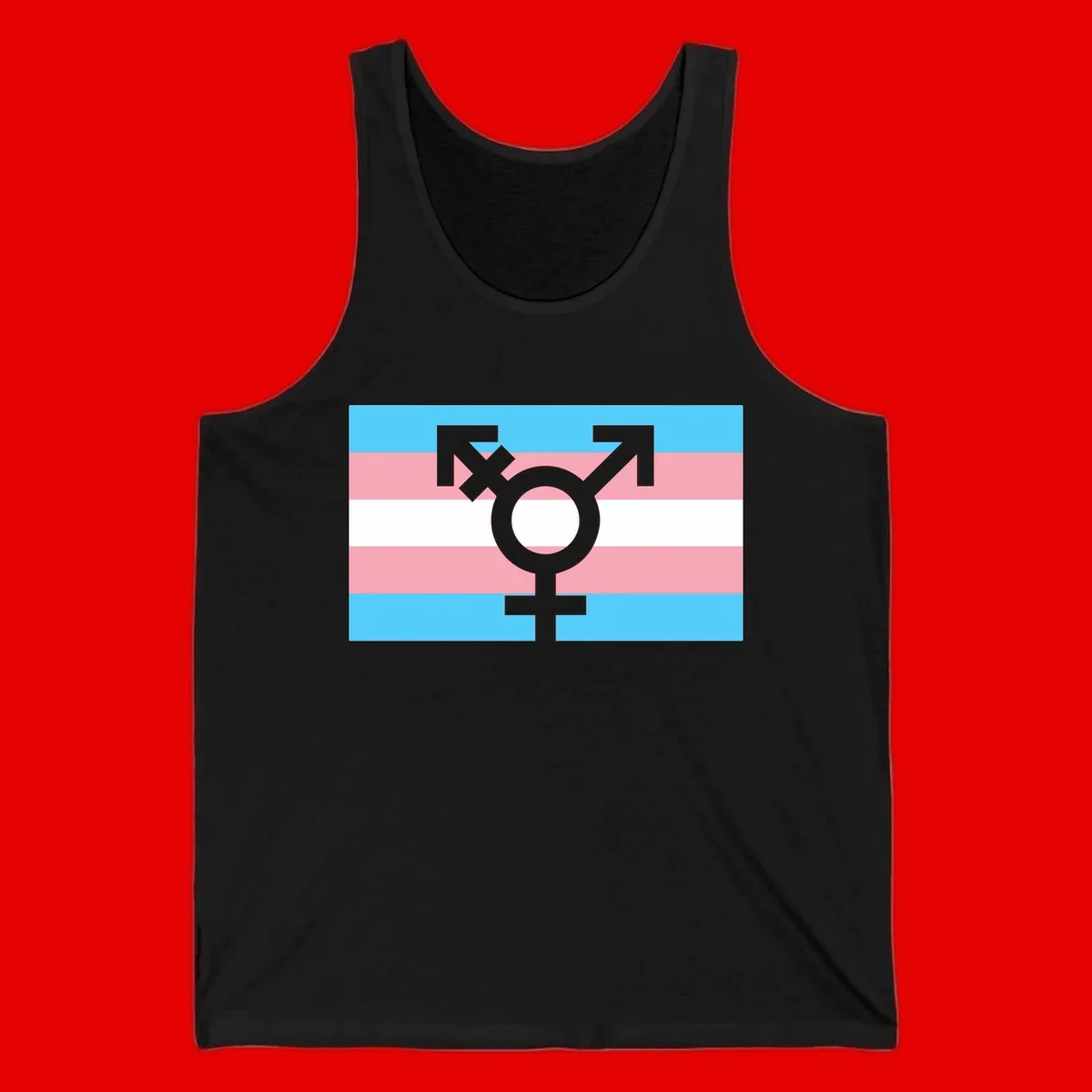 Transgender pride flag with gray transgender symbol centered on light blue, pink, and white horizontal stripes