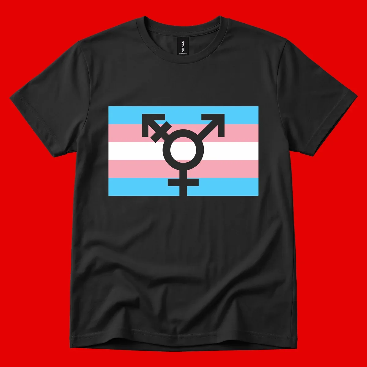 Transgender pride flag with gray transgender symbol centered on light blue, pink, and white horizontal stripes