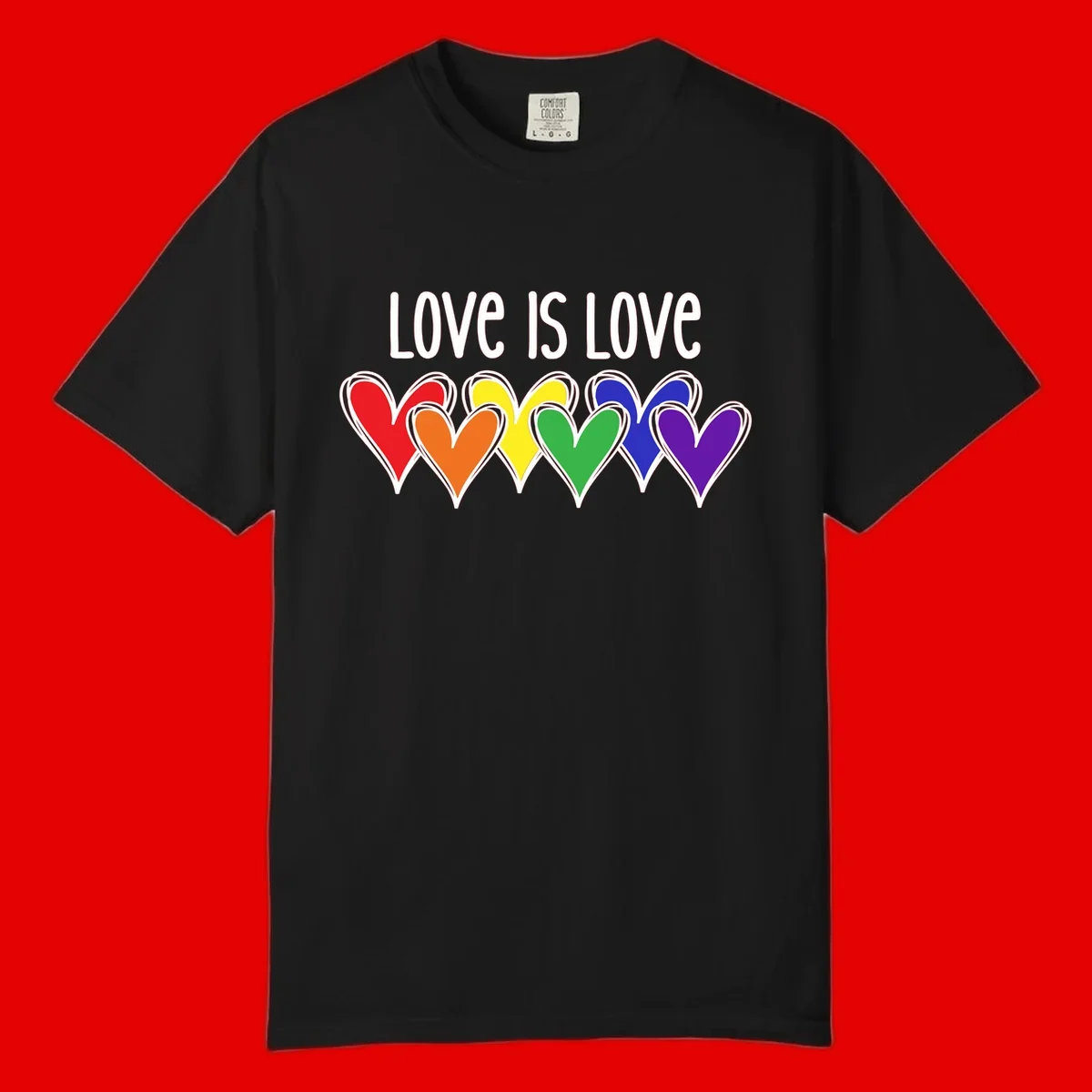 Love is love pride design with six colorful rainbow hearts in red, orange, yellow, green, blue, and purple on gray background