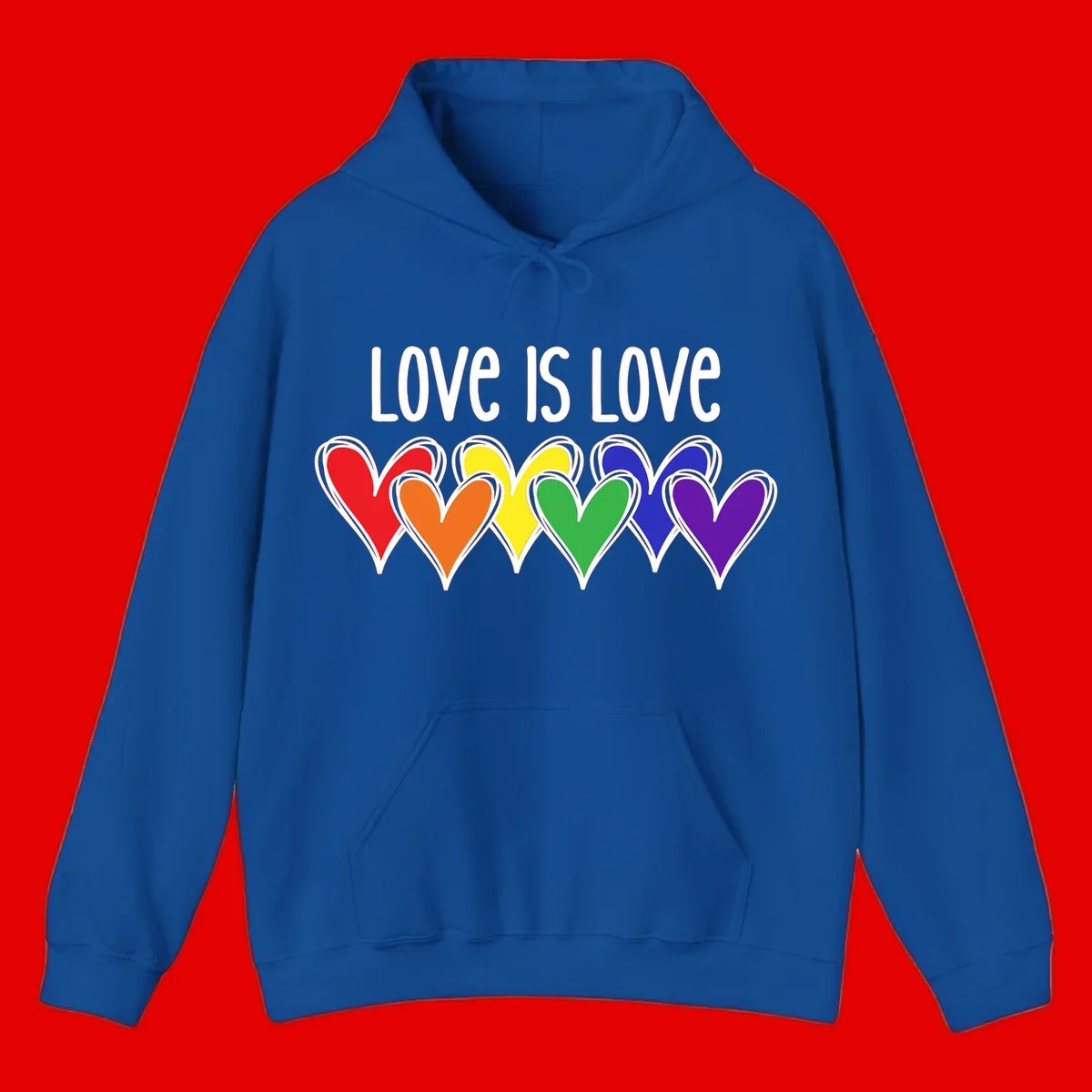 Love is love pride design with six colorful rainbow hearts in red, orange, yellow, green, blue, and purple on gray background